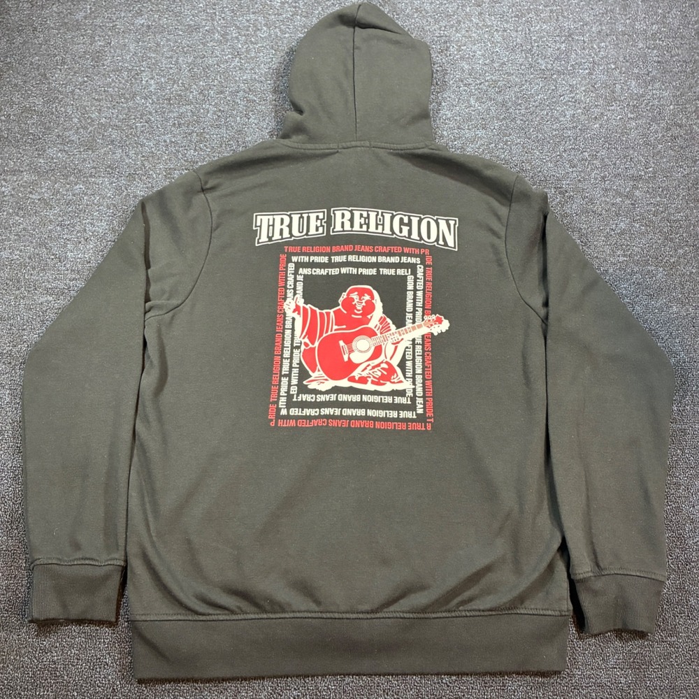 True Religion Buddha Hoodie Mens XL Radiant Zip Up Black Graphic Sweatshirt
